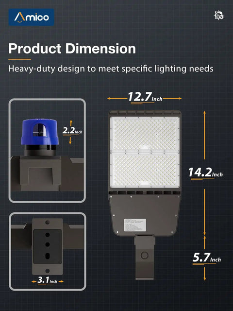 Dimensions and features of 300W LED Parking Lot Light With 39,000 Lumens At 5000K Daylight White, dusk to dawn photocell.