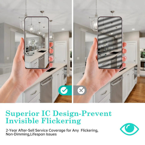 Side-by-side comparison of smartphone screens showing kitchen lighting with and without E12 LED Candelabra Bulb 5000K Daylight