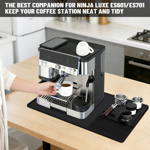 Three In One Silicone Coffee Mat For Home Espresso Machines 23 By 15 Inches with accessories and drying pad on countertop.