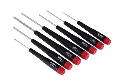 7-piece PicoFinish Mini Precision Screwdriver Set, Slotted and Phillips, with rotating red caps, for electronics repair.