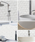 Peel And Stick Backsplash Tiles 12x12 White Marble Design for Kitchen and Bathroom, installed in shower and above sinks.