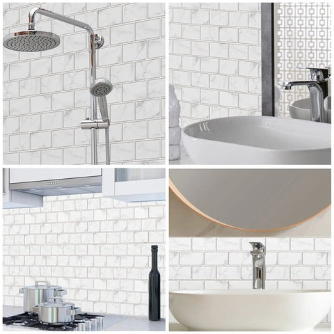 Peel And Stick Backsplash Tiles 12x12 White Marble Design for Kitchen and Bathroom, installed in shower and above sinks.