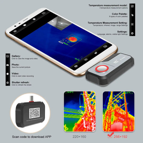 Front view of USB C Thermal Cam For Android With 512x384 Super Resolution And 256x192 IR Sensor connected to smartphone for diagnostics.