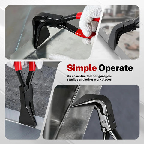 Three Piece Hand Seamer Set For Sheet Metal Bending With Straight 45 Degree And 90 Degree Jaws Two And Three Eighths Inch Wide Pliers Comfortable Grip Handles For Auto Body Home DIY And Metal Fabrication, shown in use on metal sheets.