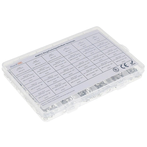 All In One Auto Wiring Kit 410 Pieces Tin Plated Copper Non Insulated Butt Spade Ring Lug Crimp Connectors Assortment storage box.