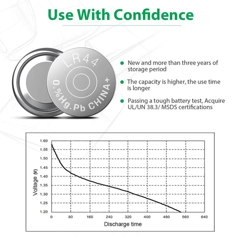 Ready To Rock 10 Pack LR44 AG13 357 SR44 A76 1.5V Alkaline Button Coin Cell Batteries with discharge graph and certification details.