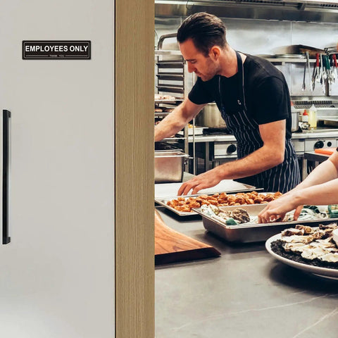 Four Pack Self Adhesive Employees Only Sign For Doors, Built To Last With 80Mil Acrylic, Staff Only Sign in kitchen setting.