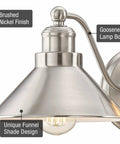 3 Light Modern Farmhouse Vanity Light With Funnel Shades In Brushed Nickel Finish, gooseneck wall sconce detail view