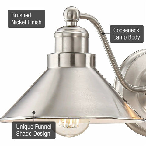 3 Light Modern Farmhouse Vanity Light With Funnel Shades In Brushed Nickel Finish, gooseneck wall sconce detail view
