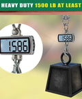 Heavy Duty 1500 LB scale measuring weight with a black metal weight attached, designed for Bulletproof Heavy Duty Swing Hangers 4 Pack.