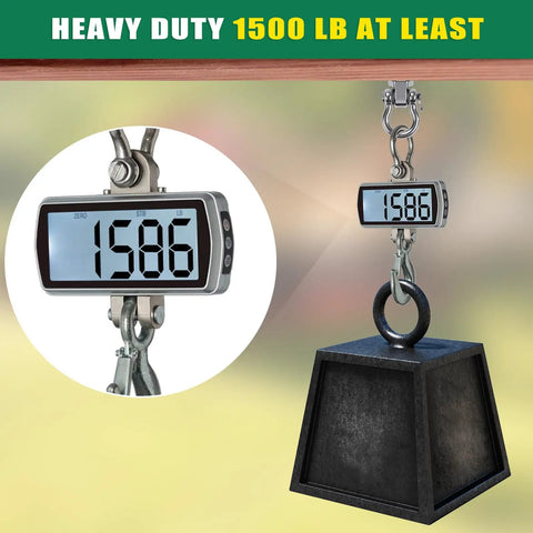Heavy Duty 1500 LB scale measuring weight with a black metal weight attached, designed for Bulletproof Heavy Duty Swing Hangers 4 Pack.
