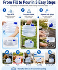 Collapsible Water Container With Spigot For Camping And Travel, steps to fill, carry, and dispense with spigot illustration