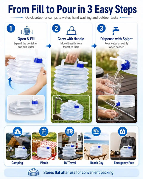 Collapsible Water Container With Spigot For Camping And Travel, steps to fill, carry, and dispense with spigot illustration