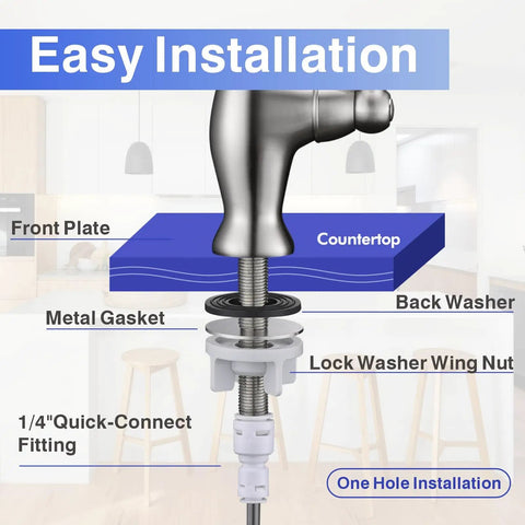 Diagram showing easy installation for Drinking Water Faucet For Kitchen And Bar Sinks With Reverse Osmosis Filtration, Brushed Nickel.