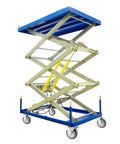 Mechanical scissor lift with a blue platform and white swivel caster wheels, featuring hydraulic support and sturdy metal frame.