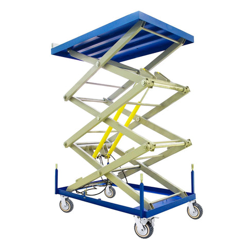 Mechanical scissor lift with a blue platform and white swivel caster wheels, featuring hydraulic support and sturdy metal frame.