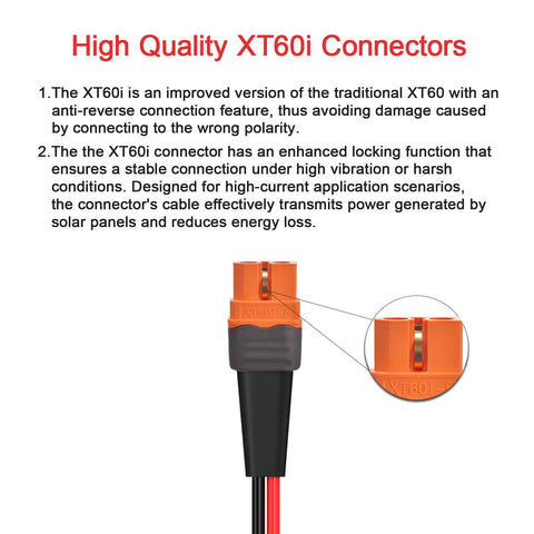 High quality XT60i connectors designed for secure connections in solar power applications using Heavy Duty 25 Foot 12AWG Solar To XT60i Cable.