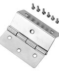 Close-up of 4 Pack 59mm Silver Cabinet Door Hinges For Furniture And Luggage Boxes, heavy duty six hole tri fold decorative hardware with screws.