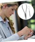 Woman using Stainless Steel Eyeglass Repair Pliers With Nose Pad Tool 2 Piece Glasses Maintenance Kit For Quick Adjustments And Fixes