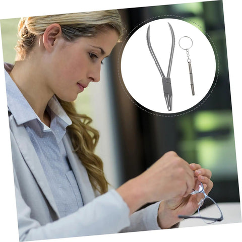 Woman using Stainless Steel Eyeglass Repair Pliers With Nose Pad Tool 2 Piece Glasses Maintenance Kit For Quick Adjustments And Fixes