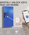 96 Key Smart Lock Box Wall Mount Key Cabinet for office and rental use with app and WiFi unlock, shown with app interface.