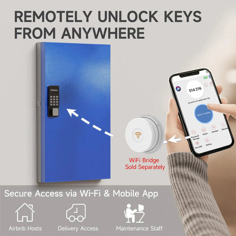 96 Key Smart Lock Box Wall Mount Key Cabinet for office and rental use with app and WiFi unlock, shown with app interface.