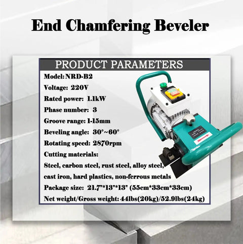 Slick Portable Electric Steel Plate Beveling Machine With Adjustable 30 To 60 Degree Angles For Weld Prep On Stainless Cast Iron And Steel showing detailed specifications.