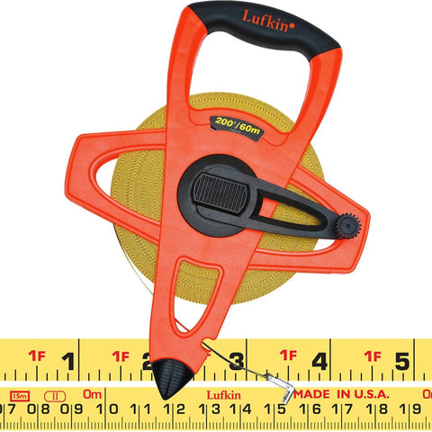 Hi-Viz Orange Fiberglass Tape Measure Half Inch By 60 Meters And 200 Feet Dual Sided SAE Metric With Open Four-Arm Frame