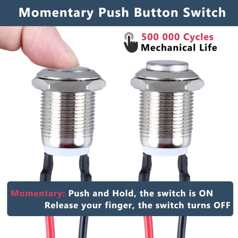 Two Pack 12mm Momentary Metal Waterproof Push Button Switch With Raised Head Half Inch Mounting Hole Pre Soldered Cable