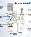 Diagram showing 1/4 Inch NPT Air Pressure Regulator Lubricator Combo with Water Separator for Air Compressors and its components.