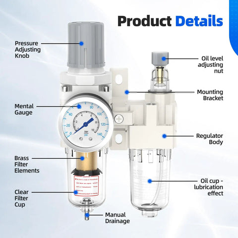 Diagram showing 1/4 Inch NPT Air Pressure Regulator Lubricator Combo with Water Separator for Air Compressors and its components.
