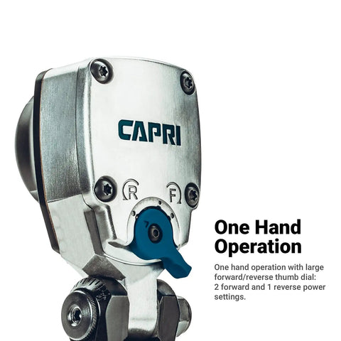 Close-up of CAPRI 3/8 inch flex head air impact wrench showing one-hand operation and reverse forward settings.