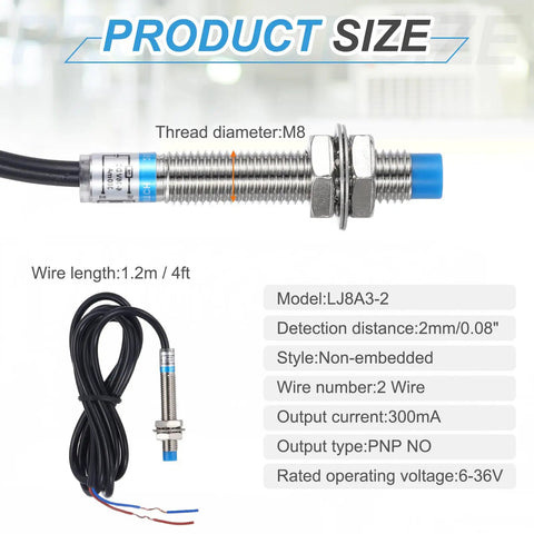 Inductive Proximity Sensor PNP No M8 DC 6 36V 300mA 2 Wire 2mm Sensing Distance Non Contact Metal Detector with blue tip and cable