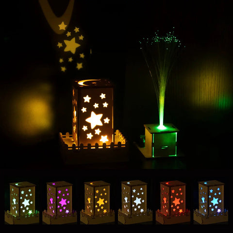 Five In One Wooden STEM Kits For Kids With Amusement Park Theme showing glowing star nightlight and fiber optic lamp
