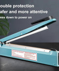 Top Shelf 12 Inch Manual Pulse Sealer Heavy Duty All Steel Gear For Plastic And Shrink Bags Adjustable Temperature Dial Built Like A Tank Comes With On The Fly Repair Kit In Blue displayed with safety features and power button.