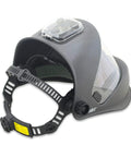 Side angle of Panoramic 180 View Auto Darkening Welding Helmet With True Color Matte Carbon Fiber Finish, helmet straps visible