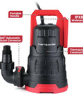Heavy Duty 1HP Submersible Sump Pump Handles 3960 GPH Grind Inside A Tough Thermoplastic Shell, showing portable handle and waterproof design.
