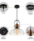 Industrial Edison Pendant Light With Clear Glass Dome Copper Finish Ceiling Fixture For Dining Room Living Room Kitchen Cafe Or Bar Vintage Retro Style And Modern Cozy Vibe with details of canopy, mounting bracket, E26/E27 bulb base, and copper lamp socket.