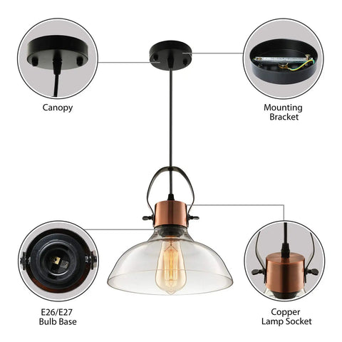 Industrial Edison Pendant Light With Clear Glass Dome Copper Finish Ceiling Fixture For Dining Room Living Room Kitchen Cafe Or Bar Vintage Retro Style And Modern Cozy Vibe with details of canopy, mounting bracket, E26/E27 bulb base, and copper lamp socket.