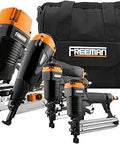 Pro Grade Pneumatic Framing And Finishing Nailer And Stapler Kit With Bag Four Piece Set Includes 21 Degree Framing Nailer 34 Degree Finish Nailer Brad Nailer And Narrow Crown Stapler For Heavy Duty Framing Subflooring And Fine Finish Work displayed with carrying bag