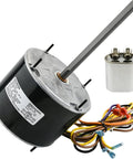 Angled view of condenser motor replacement kit with metal housing, long shaft, and capacitor.