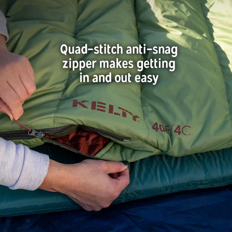 Person demonstrating zipper on Cosmic 20 Down Mummy Sleeping Bag With 550 Fill Power Down, Recycled Fabrics And PFAS Free DWR