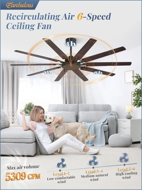 65 Inch Large Ceiling Fan No Light With Remote 6 Speed Reversible Quiet DC Motor 10 Blade Dual Color Black And Wood Grain Indoor Outdoor Ceiling Fan For Bedroom Living Room Patio Garage