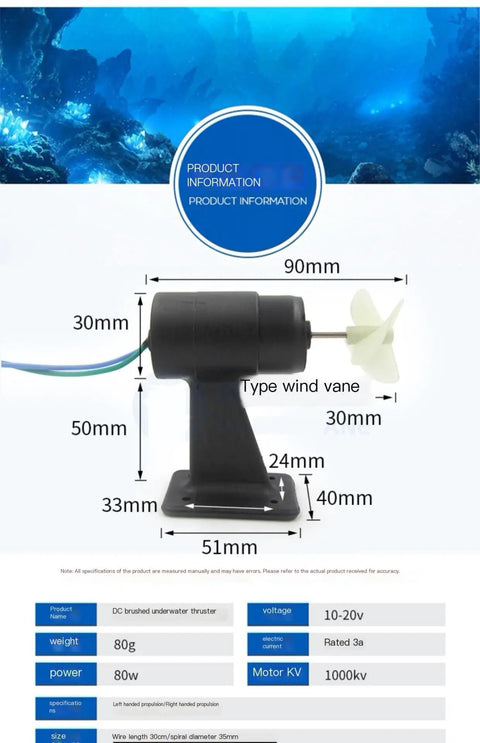 Beefy Underwater RC Thruster For Bait Boats And Sub Robots, Waterproof 12V Brushed Motor With 35mm Propeller, IP67 Seal