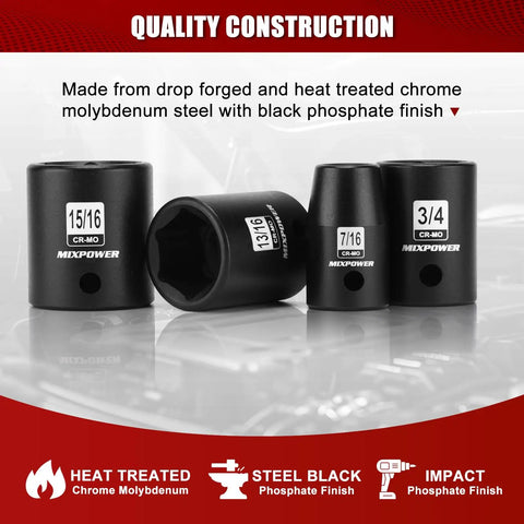 19 Piece One Half Inch Drive Standard Impact Socket Set SAE Shallow Depth Three Eighths To One And One Half Inch Cr-Mo Alloy Steel Radius Corner Design Heavy Duty Impact Built Tough For High Torque Tasks with quality construction details