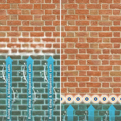 Illustration showing damp proofing rods treating rising damp in brick walls, before and after using Damp Proofing Rods Ten Pack Next Generation DPC Treatment For Rising Damp Walls DIY Install No Mess No Fuss Yet Stronger Than Injection Creams BBA Approved Coverage 3.9 Feet Easy To Use.