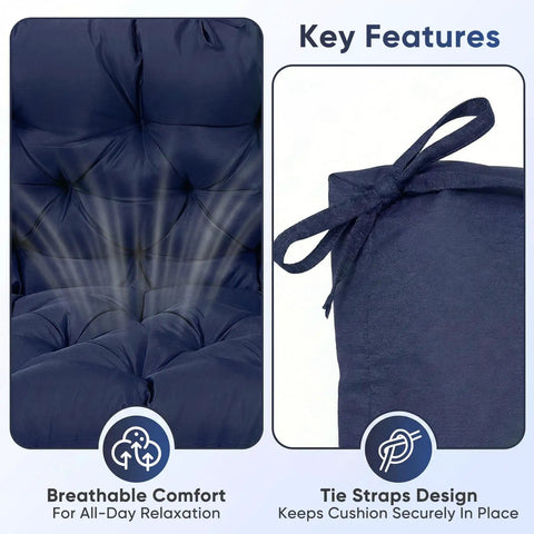 Close-up of navy blue 60 Inch Waterproof Porch Swing Cushions For 2-3 Seaters with breathable fabric and backrest straps.