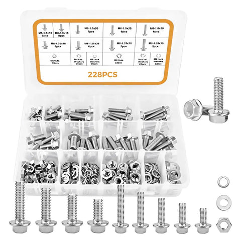 228-Piece Hex Bolts Set With M6 M8 Stainless Steel Hardware Kit including nuts, washers in an organized plastic storage case