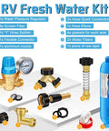 Must Have Adjustable RV Water Pressure Regulator Kit With Inline Filter Brass Elbow Hose Splitter Quick Connects Flexible Connector Three Quarter Inch GHT Leak Repair Kit For Campers displayed with components.