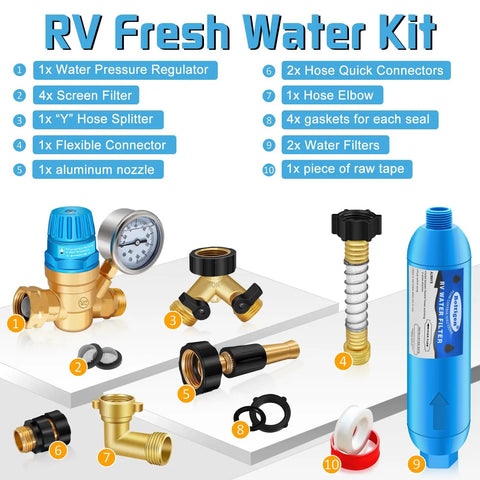Must Have Adjustable RV Water Pressure Regulator Kit With Inline Filter Brass Elbow Hose Splitter Quick Connects Flexible Connector Three Quarter Inch GHT Leak Repair Kit For Campers displayed with components.